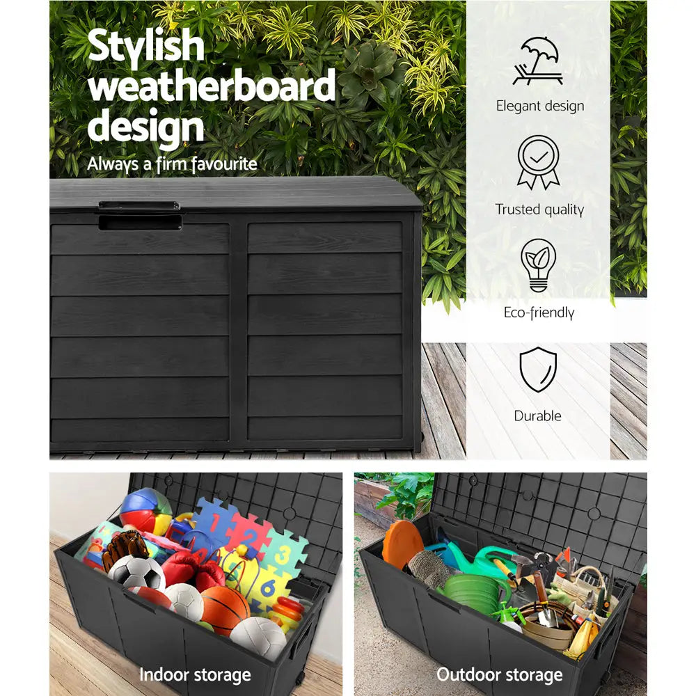 Gardeon Outdoor Storage Box 290L Lockable Organiser Garden Deck Shed All Black - Home & Garden > Storage