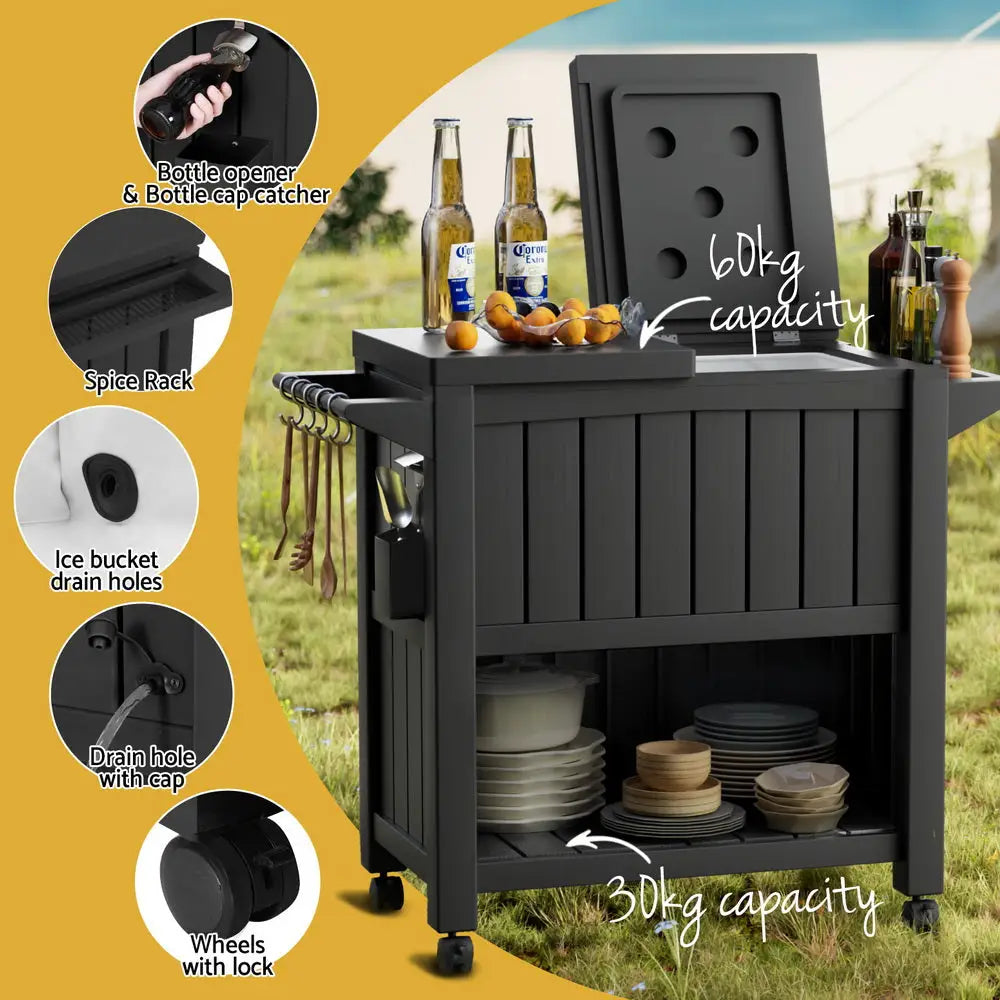Gardeon Outdoor Storage Cabinet Box 80L Ice Bucket Cooler Rolling Serving Cart Kitchen Trolley - Furniture > Outdoor >