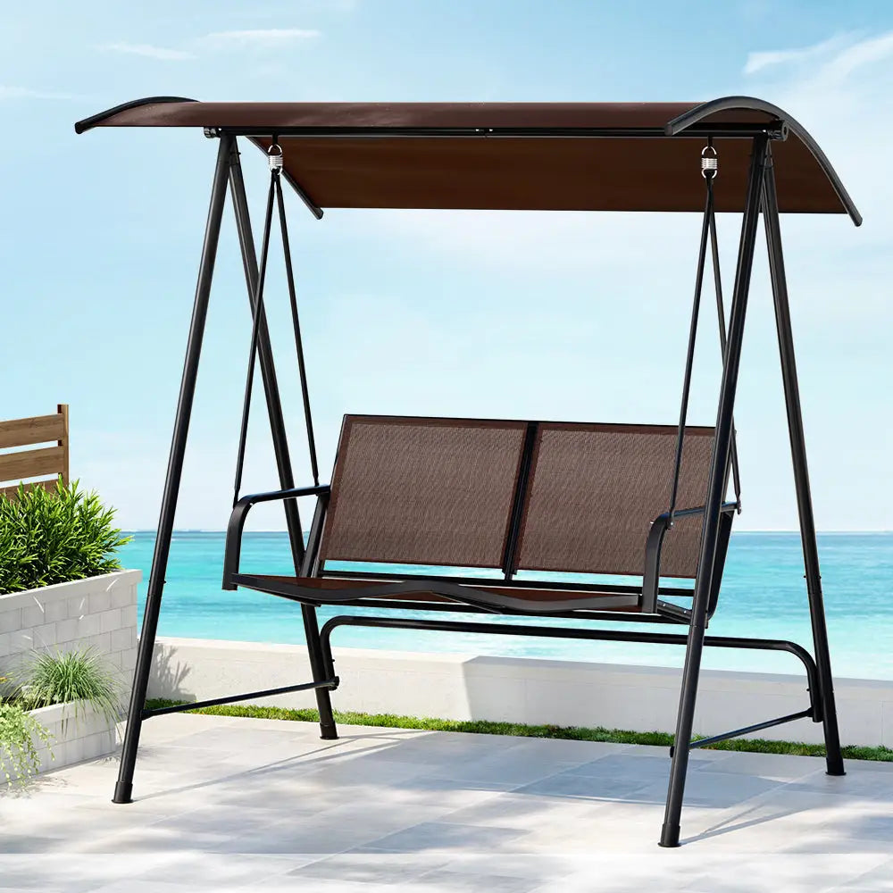 Gardeon Outdoor Swing Chair Garden Bench Furniture Canopy 2 Seater Brown - Furniture > Outdoor