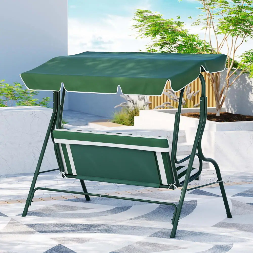 Gardeon Outdoor Swing Chair Garden Bench Furniture Canopy 3 Seater White Green - Furniture > Outdoor > Outdoor Benches