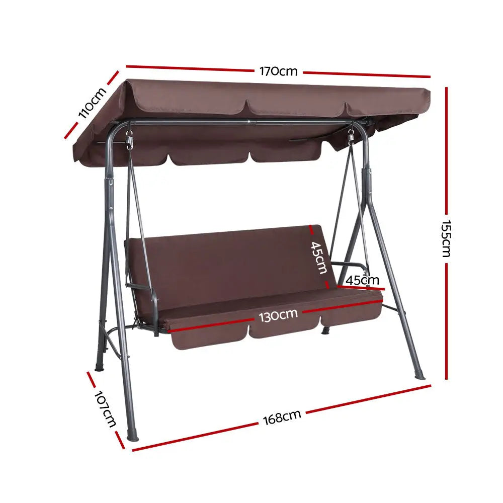 Gardeon Outdoor Swing Chair Garden Bench Furniture Canopy 3 Seater Brown - Furniture > Outdoor