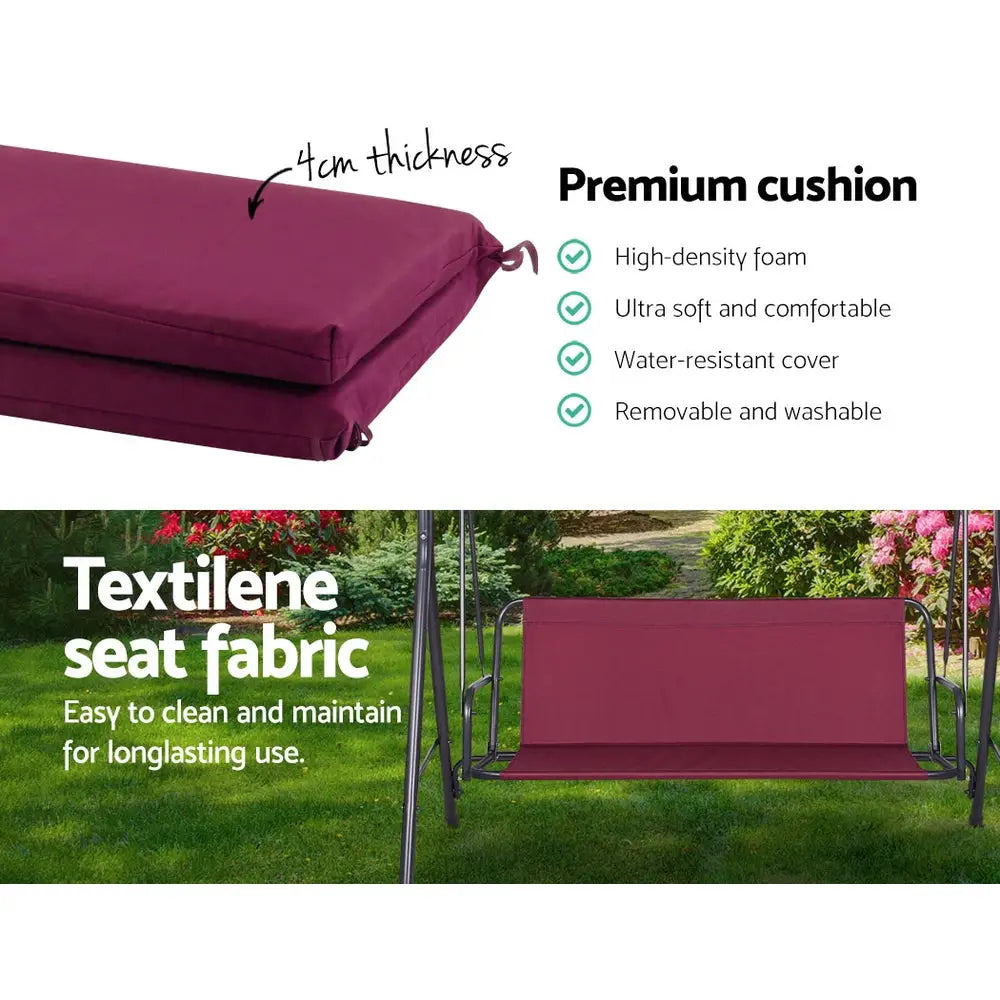 Gardeon Outdoor Swing Chair Garden Bench Furniture Canopy 3 Seater Wine Red - Furniture > Outdoor