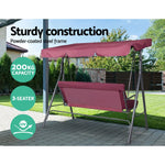 Gardeon Outdoor Swing Chair Garden Bench Furniture Canopy 3 Seater Wine Red - Furniture > Outdoor