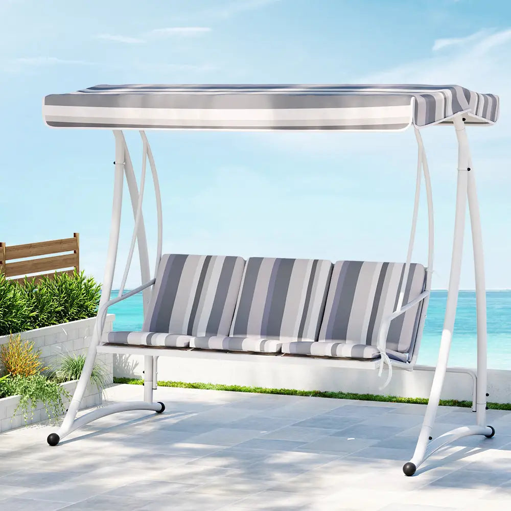 Gardeon Outdoor Swing Chair Garden Bench Furniture Canopy 3 Seater White Grey - Furniture > Outdoor