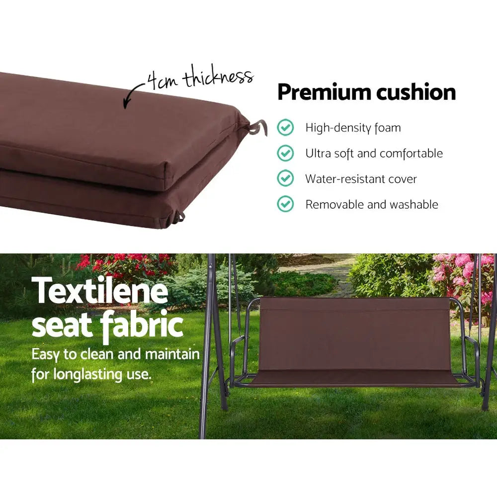 Gardeon Outdoor Swing Chair Garden Bench Furniture Canopy 3 Seater Brown - Furniture > Outdoor