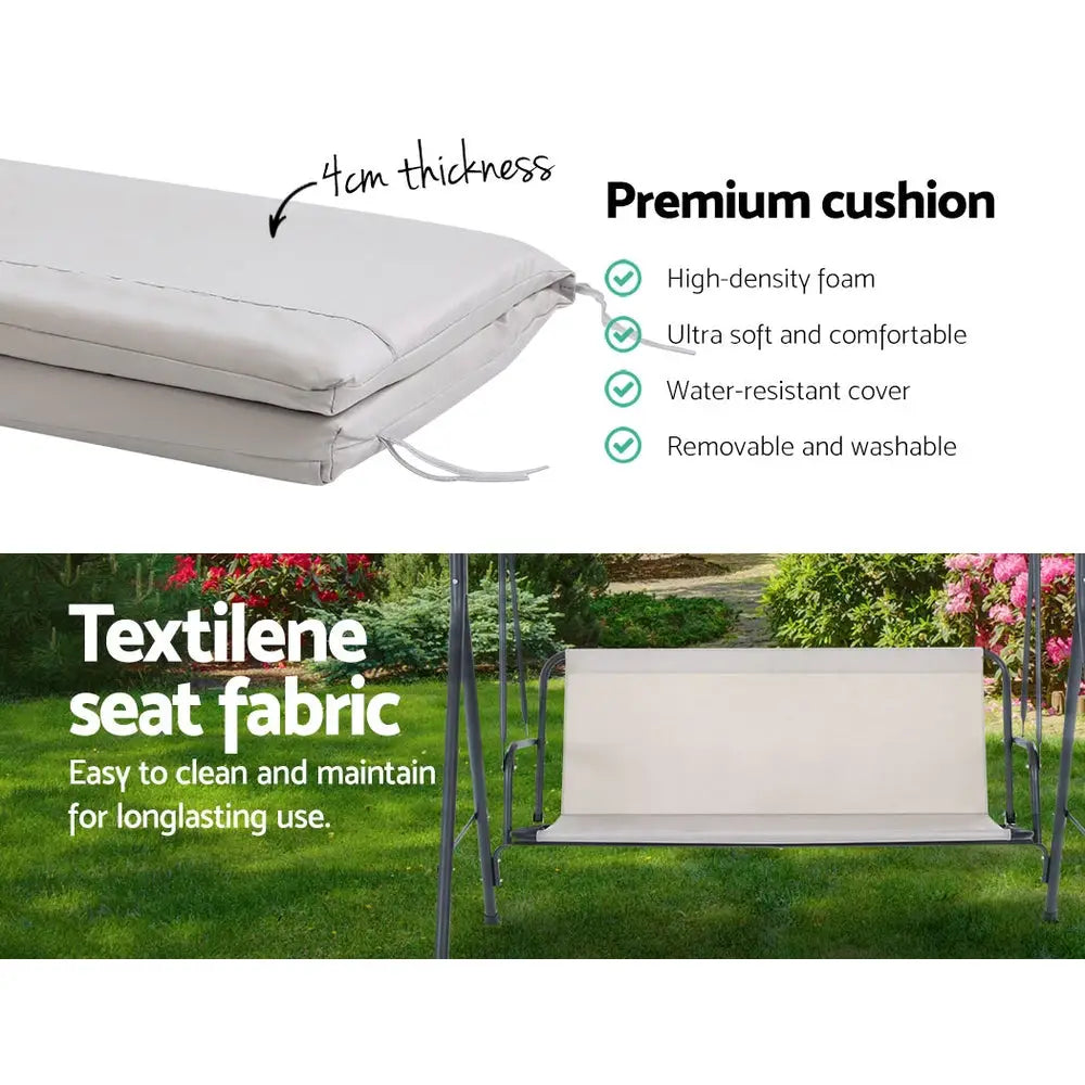 Gardeon Outdoor Swing Chair Garden Bench Furniture Canopy 3 Seater Beige - Furniture > Outdoor
