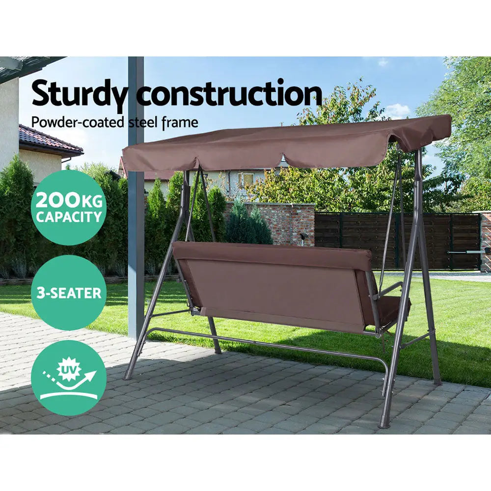 Gardeon Outdoor Swing Chair Garden Bench Furniture Canopy 3 Seater Brown - Furniture > Outdoor