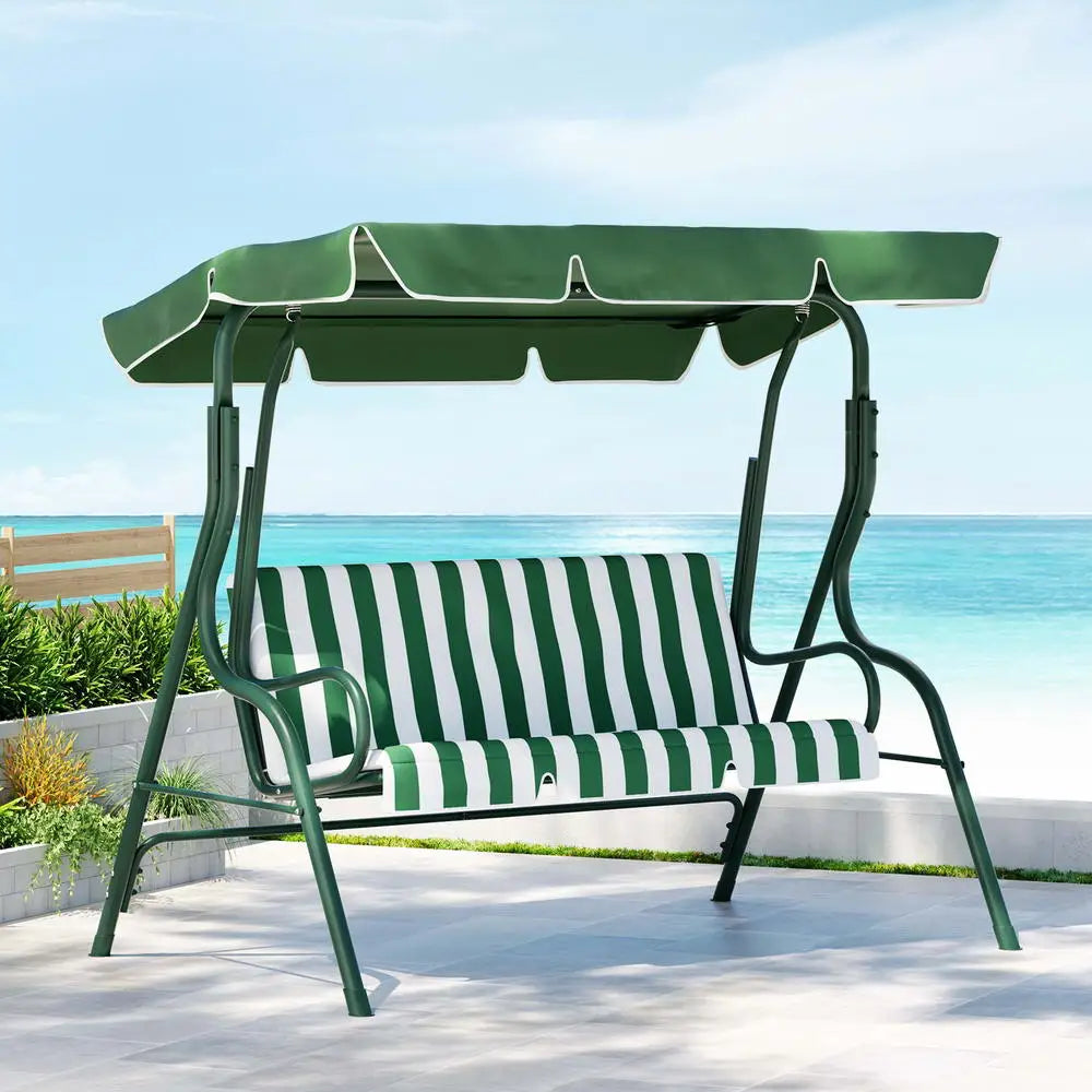 Gardeon Outdoor Swing Chair Garden Bench Furniture Canopy 3 Seater White Green - Furniture > Outdoor > Outdoor Benches
