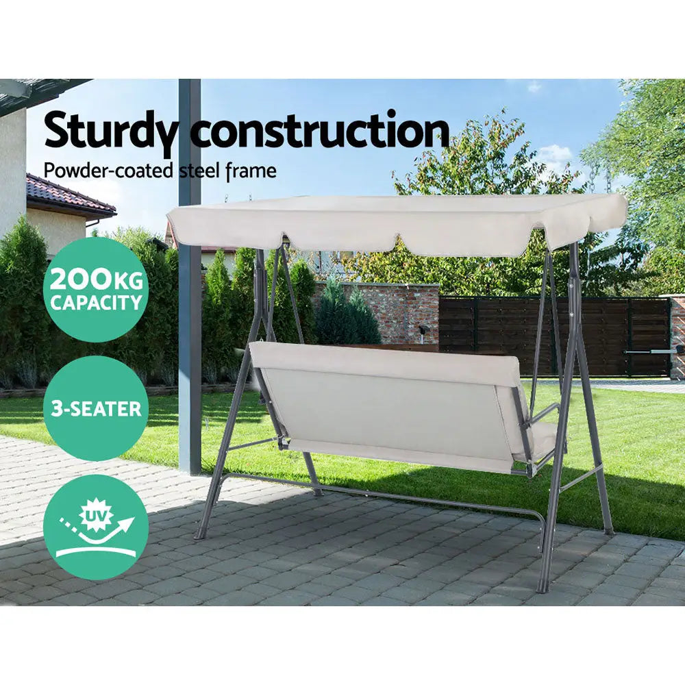 Gardeon Outdoor Swing Chair Garden Bench Furniture Canopy 3 Seater Beige - Furniture > Outdoor