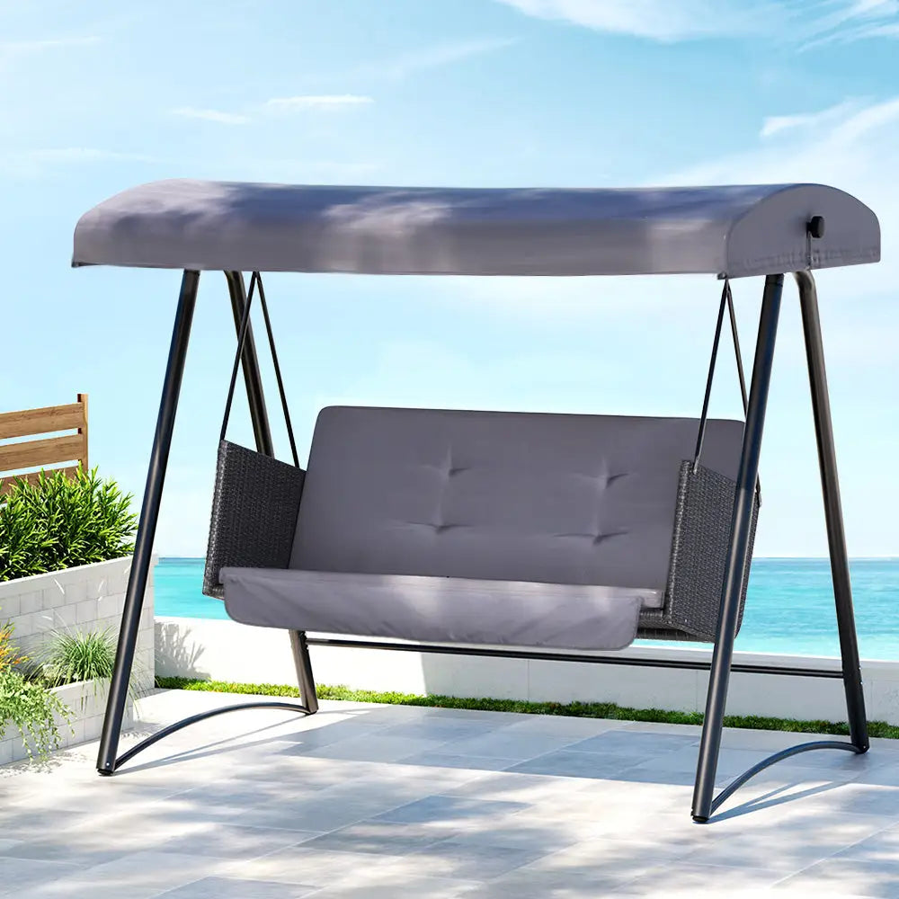 Gardeon Outdoor Swing Chair Garden Bench Furniture Canopy 3 Seater Rattan Grey - Furniture > Outdoor