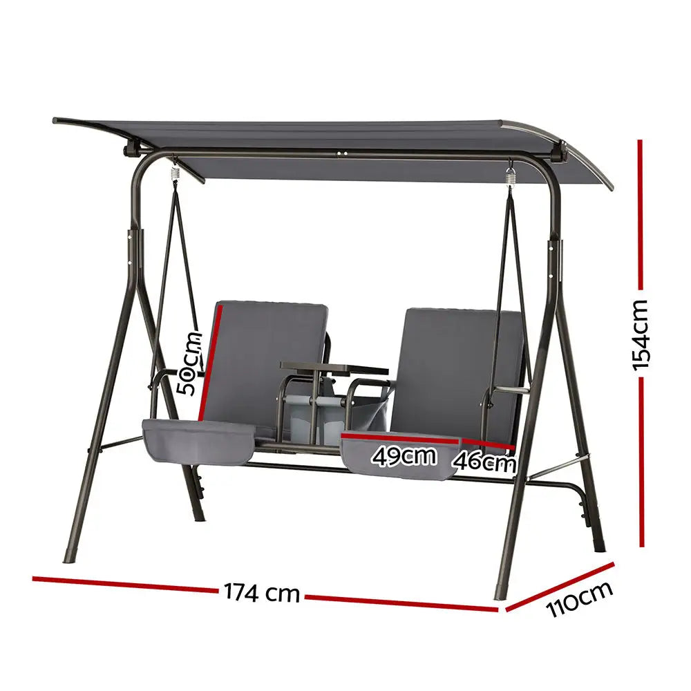 Gardeon Outdoor Swing Chair Garden Furniture Canopy Cup Holder 2 Seater Grey - Furniture > Outdoor > Outdoor Chairs