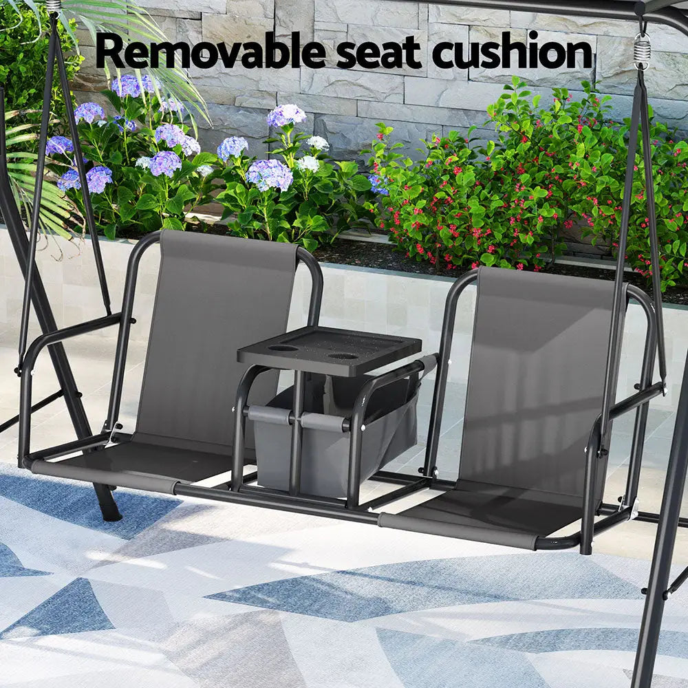 Gardeon Outdoor Swing Chair Garden Furniture Canopy Cup Holder 2 Seater Grey - Furniture > Outdoor > Outdoor Chairs