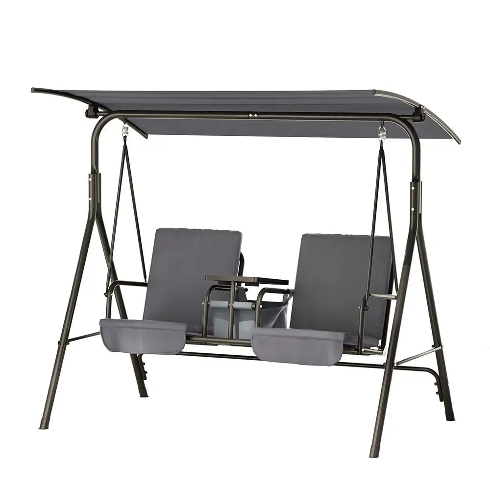 Gardeon Outdoor Swing Chair Garden Furniture Canopy Cup Holder 2 Seater Grey - Furniture > Outdoor > Outdoor Chairs