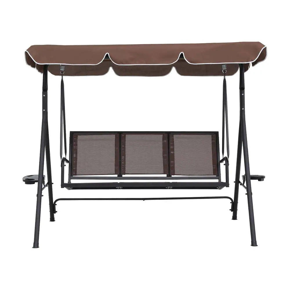 Gardeon Outdoor Swing Chair Garden Furniture Canopy Cup Holder 3 Seater Brown - Furniture > Outdoor > Outdoor Chairs