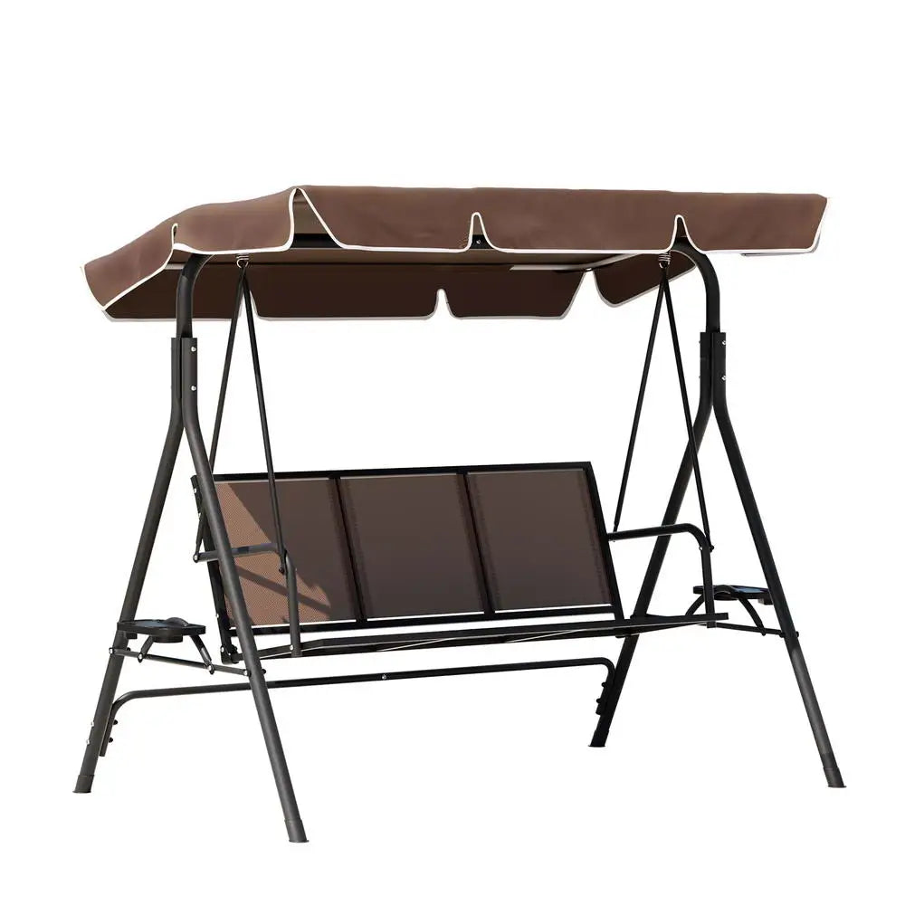 Gardeon Outdoor Swing Chair Garden Furniture Canopy Cup Holder 3 Seater Brown - Furniture > Outdoor > Outdoor Chairs