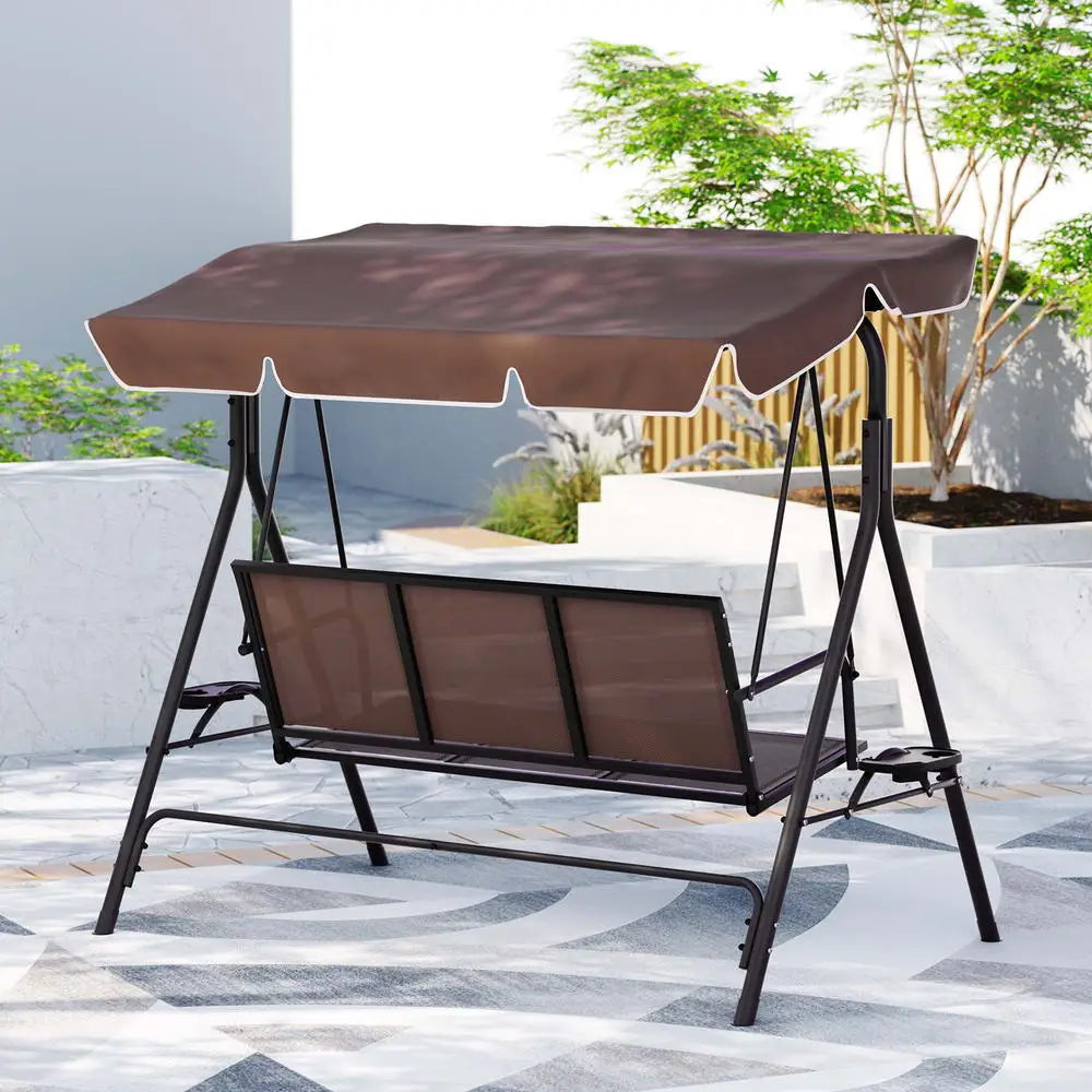 Gardeon Outdoor Swing Chair Garden Furniture Canopy Cup Holder 3 Seater Brown - Furniture > Outdoor > Outdoor Chairs