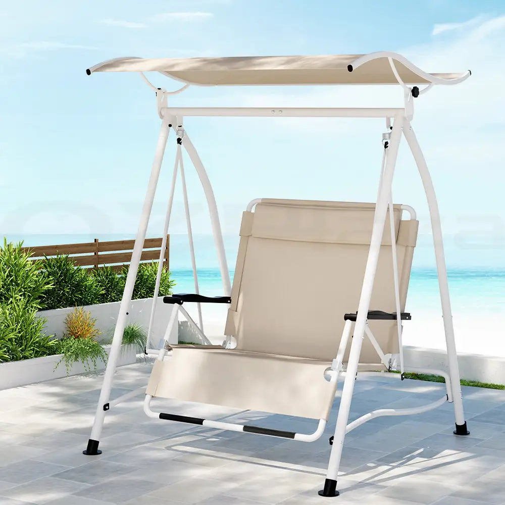 Gardeon Outdoor Swing Chair Garden Lounger 2 Seater Canopy Patio Furniture Beige - Furniture > Outdoor