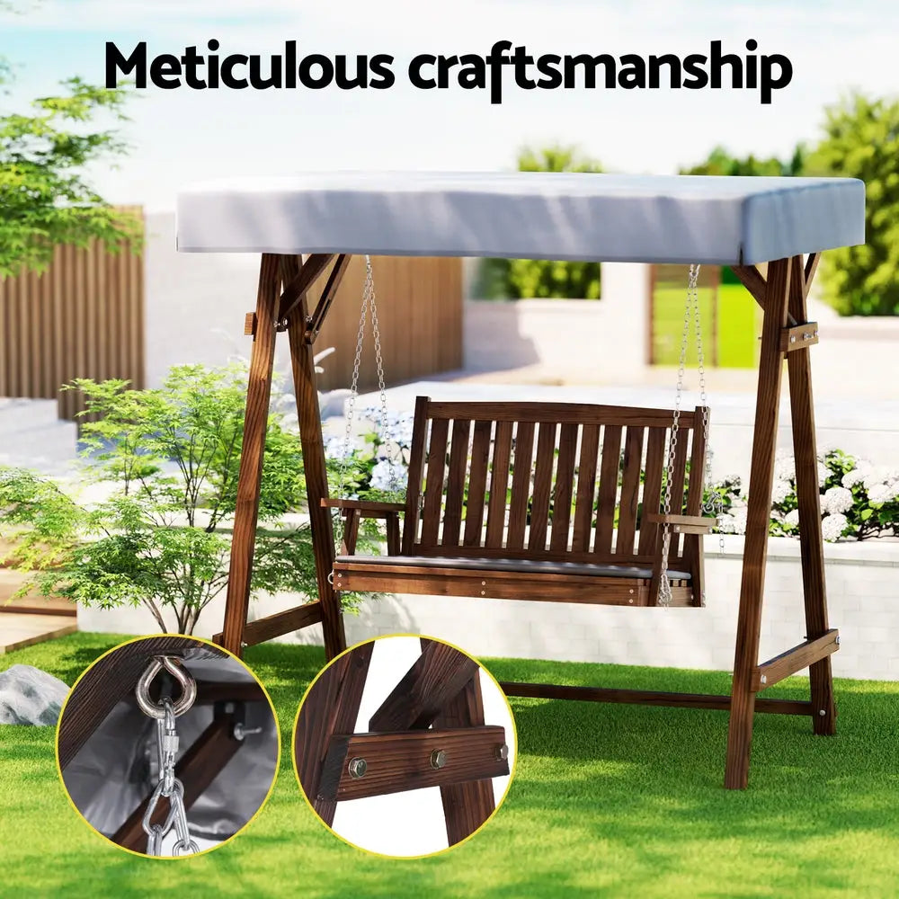 Gardeon Outdoor Wooden Swing Chair Garden Bench Canopy Cushion 2 Seater Charcoal - Furniture > Outdoor