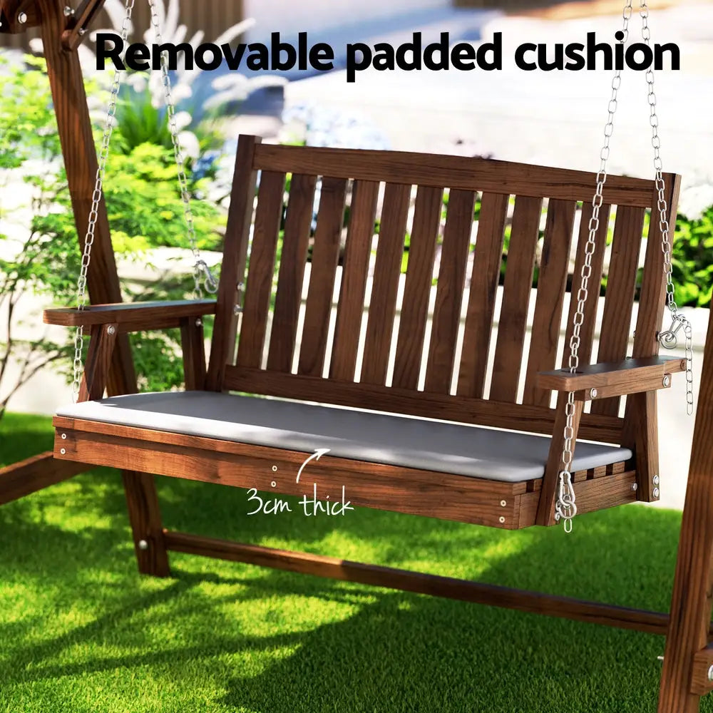 Gardeon Outdoor Wooden Swing Chair Garden Bench Canopy Cushion 2 Seater Charcoal - Furniture > Outdoor