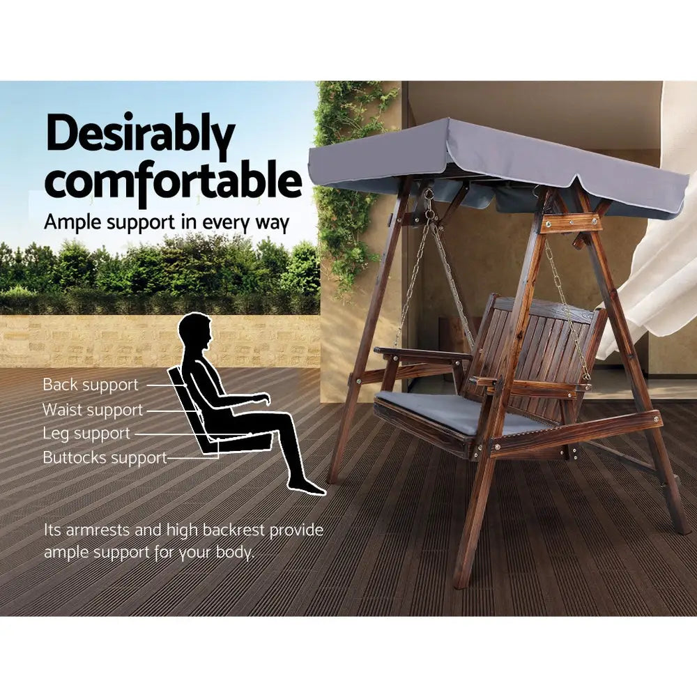 Gardeon Outdoor Wooden Swing Chair Garden Bench Canopy Cushion 2 Seater Charcoal - Furniture > Outdoor