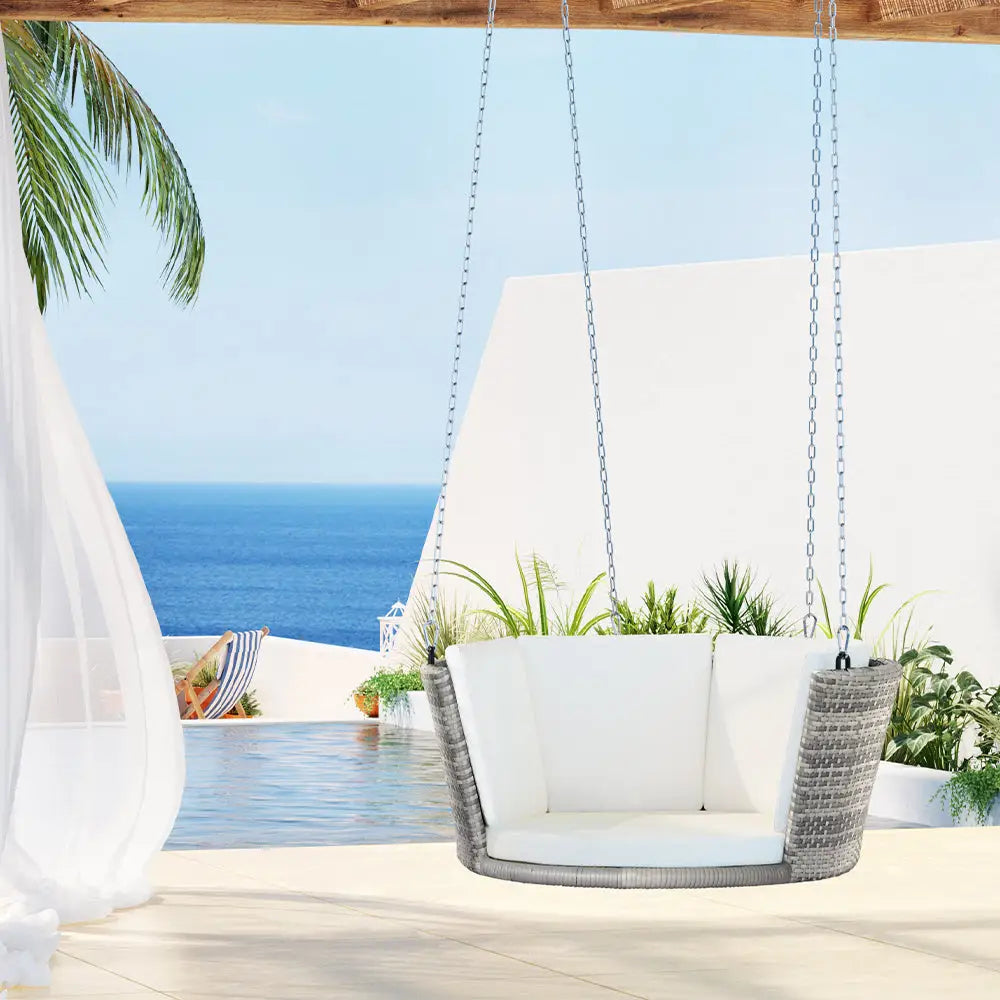 Gardeon Rattan Porch Swing Chair With Chain Cushion Outdoor Furniture Grey - Home & Garden > Hammocks