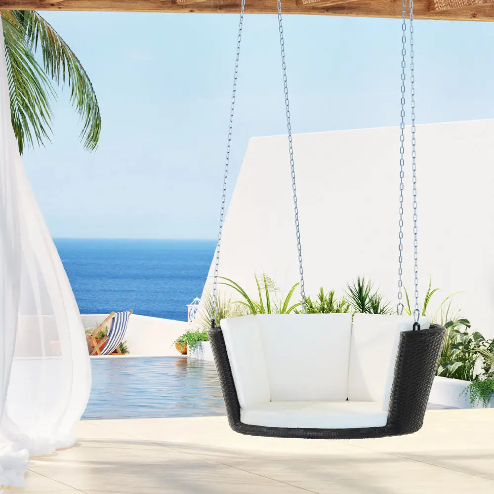 Gardeon Rattan Porch Swing Chair With Chain Cushion Outdoor Furniture Black - Home & Garden > Hammocks