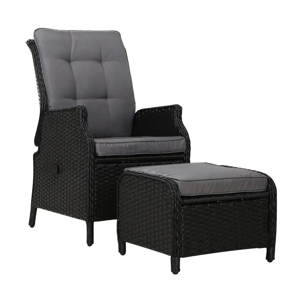 Gardeon Recliner Chair Sun lounge Wicker Lounger Outdoor Furniture Patio Adjustable Black - Furniture > Outdoor
