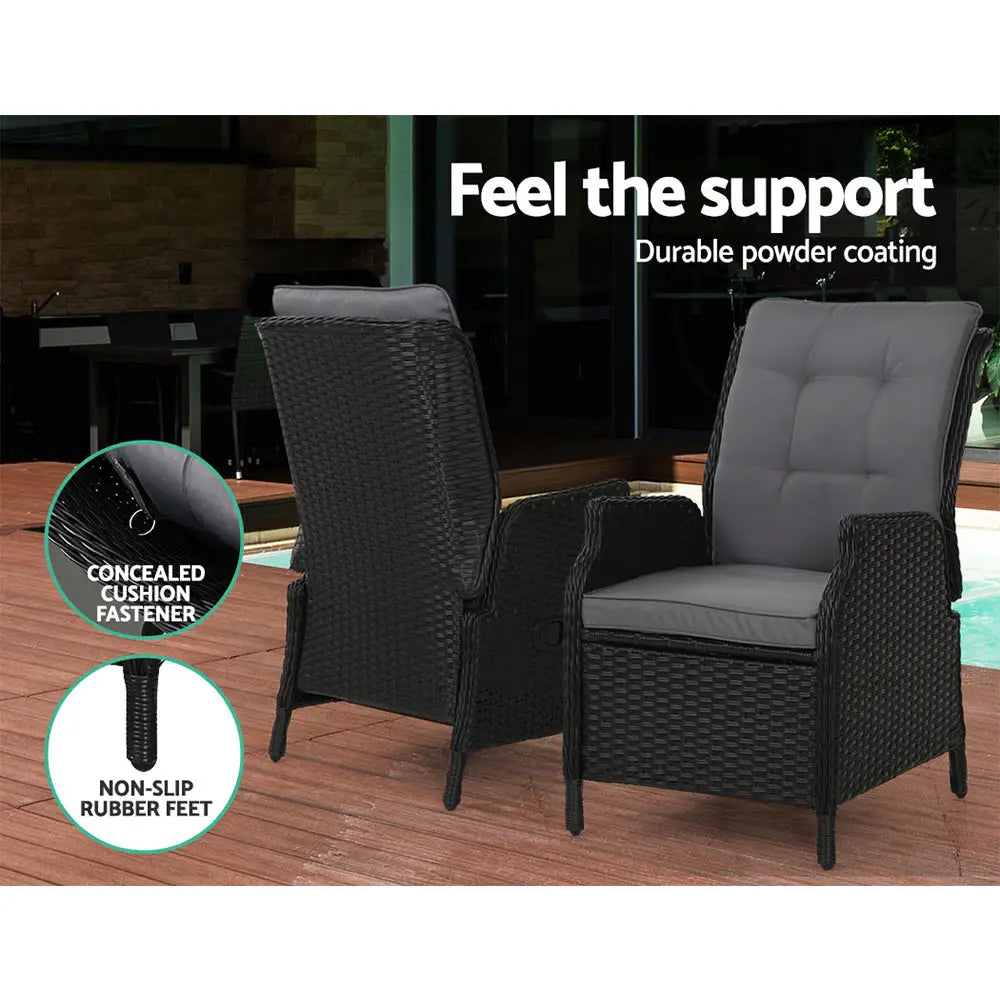 Gardeon Recliner Chair Sun lounge Wicker Lounger Outdoor Furniture Patio Adjustable Black - Furniture > Outdoor