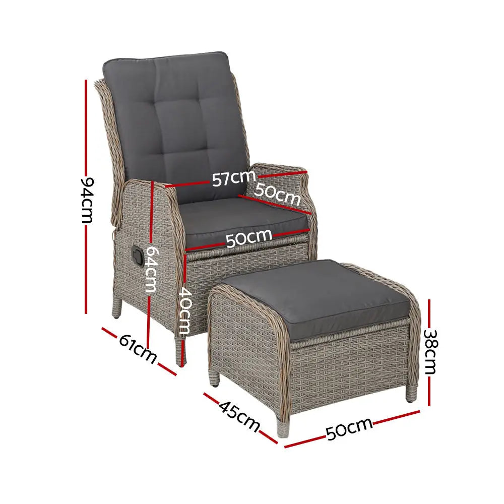 Gardeon Recliner Chair Sun lounge Wicker Lounger Outdoor Furniture Patio Adjustable Grey - Furniture > Outdoor