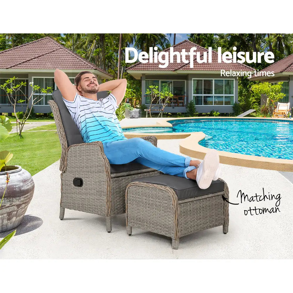 Gardeon Recliner Chair Sun lounge Wicker Lounger Outdoor Furniture Patio Adjustable Grey - Furniture > Outdoor