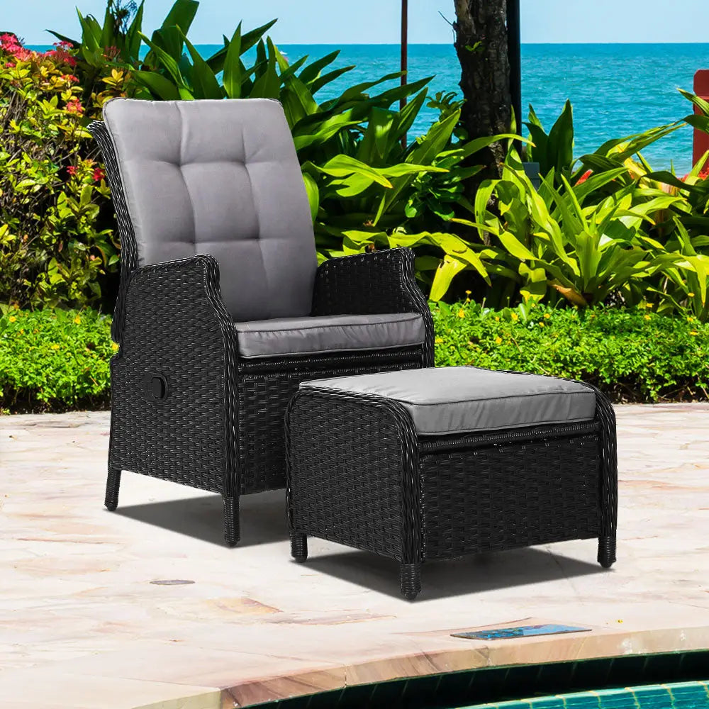 Gardeon Recliner Chair Sun lounge Wicker Lounger Outdoor Furniture Patio Adjustable Black - Furniture > Outdoor