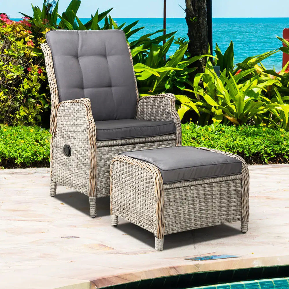 Gardeon Recliner Chair Sun lounge Wicker Lounger Outdoor Furniture Patio Adjustable Grey - Furniture > Outdoor