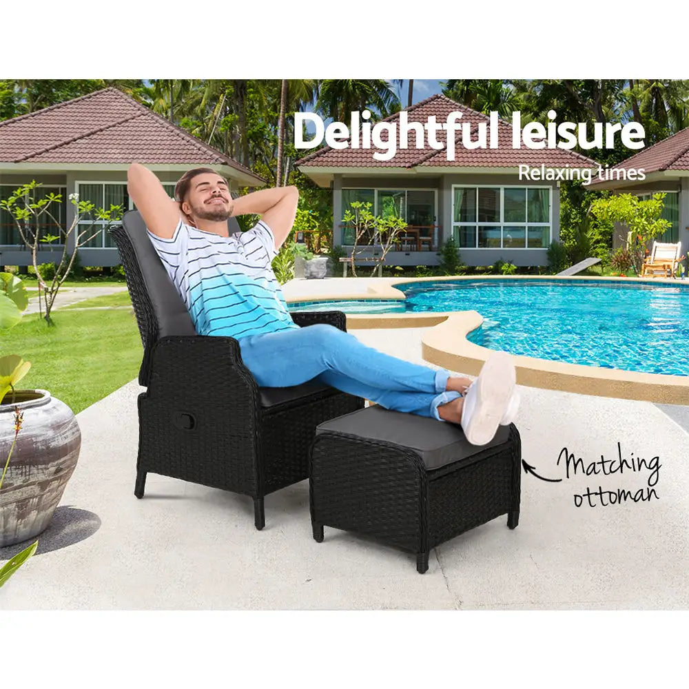 Gardeon Recliner Chair Sun lounge Wicker Lounger Outdoor Furniture Patio Adjustable Black - Furniture > Outdoor