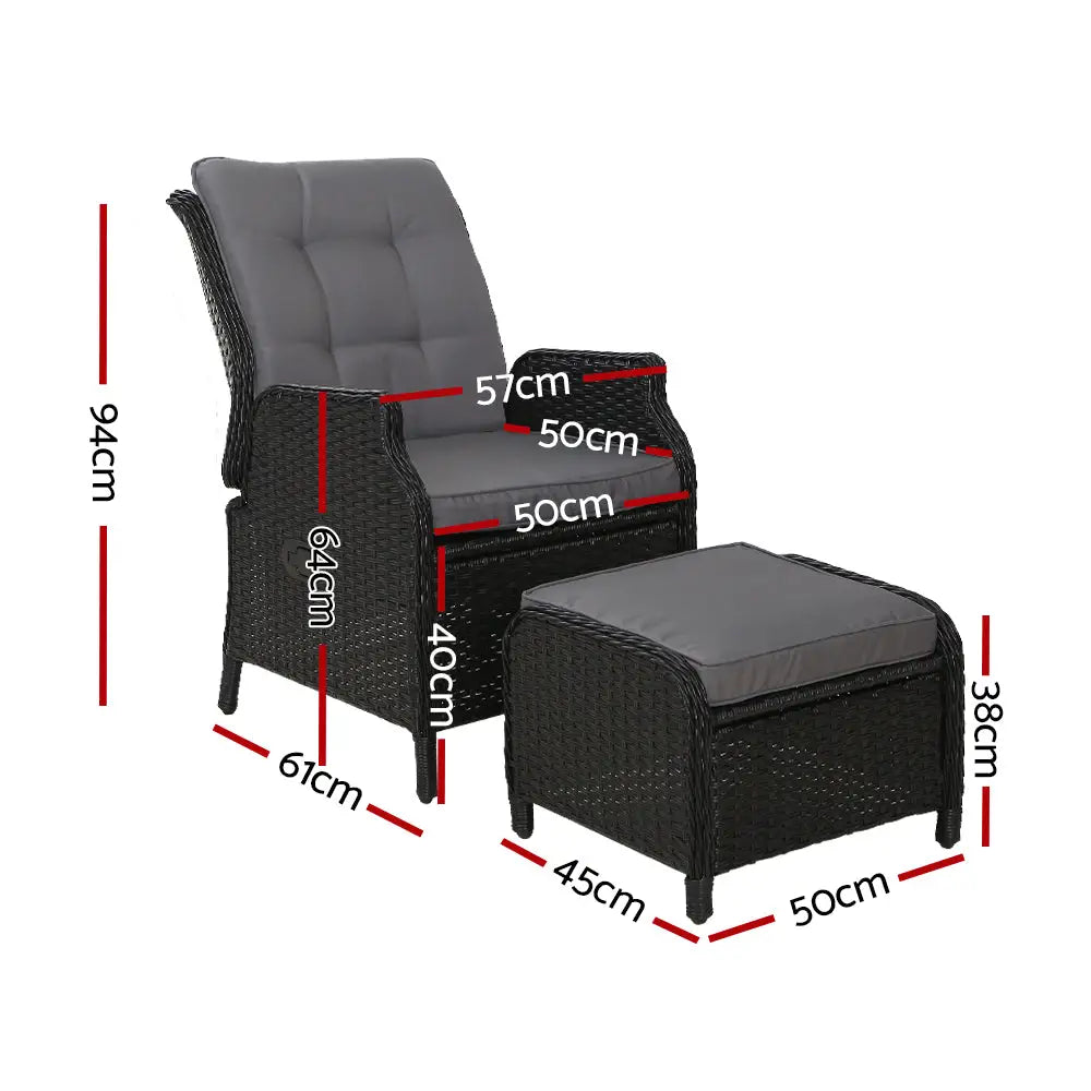 Gardeon Recliner Chair Sun lounge Wicker Lounger Outdoor Furniture Patio Adjustable Black - Furniture > Outdoor