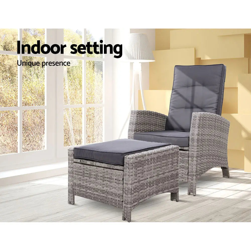 Gardeon Recliner Chair Sun lounge Wicker Lounger Outdoor Patio Furniture Adjustable Grey - Furniture > Outdoor