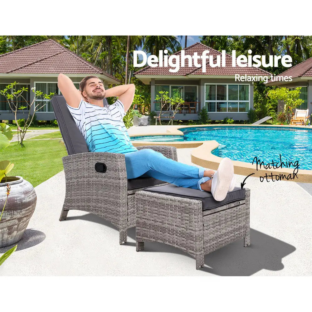 Gardeon Recliner Chair Sun lounge Wicker Lounger Outdoor Patio Furniture Adjustable Grey - Furniture > Outdoor