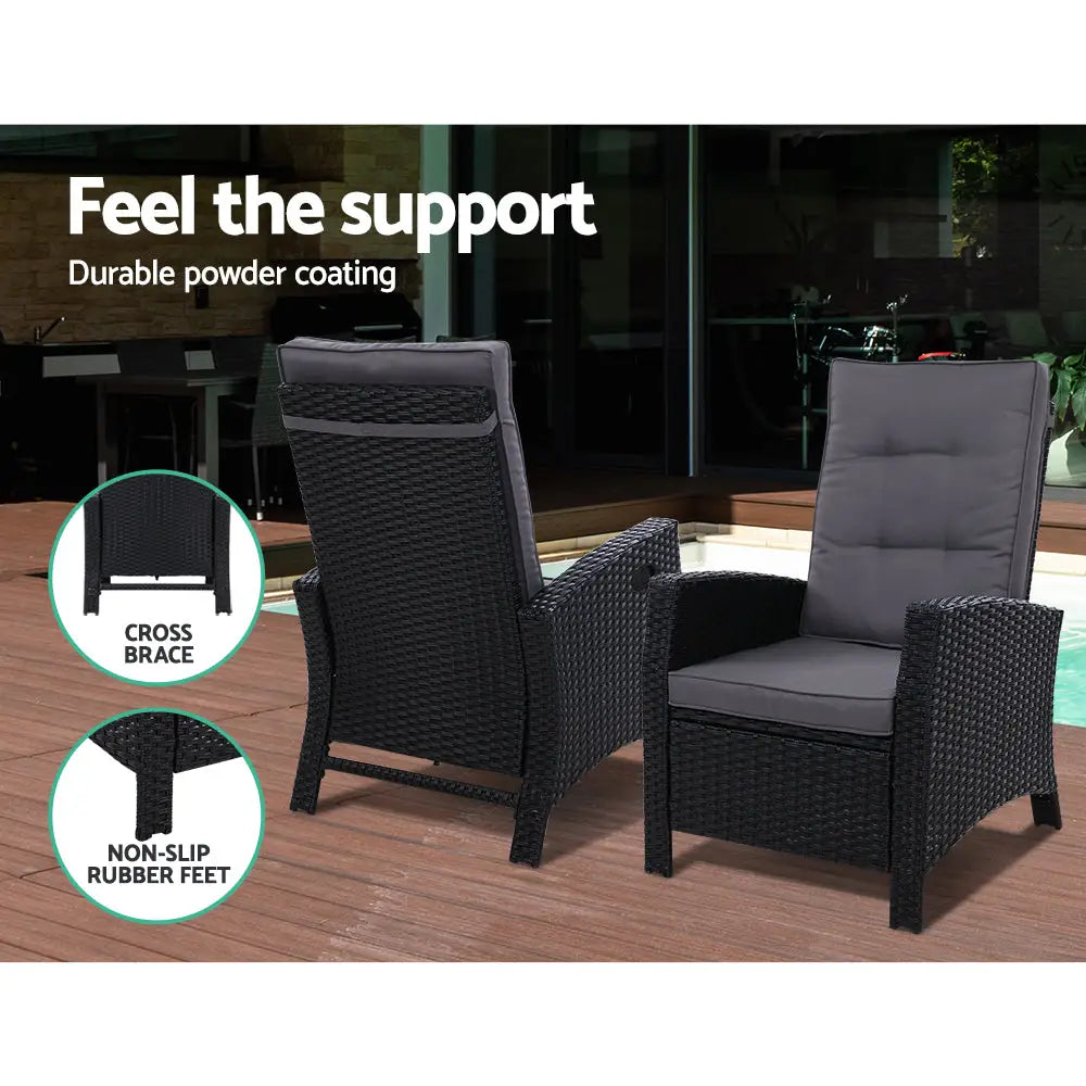 Gardeon Recliner Chair Sun lounge Wicker Lounger Outdoor Patio Furniture Adjustable Black - Furniture > Outdoor