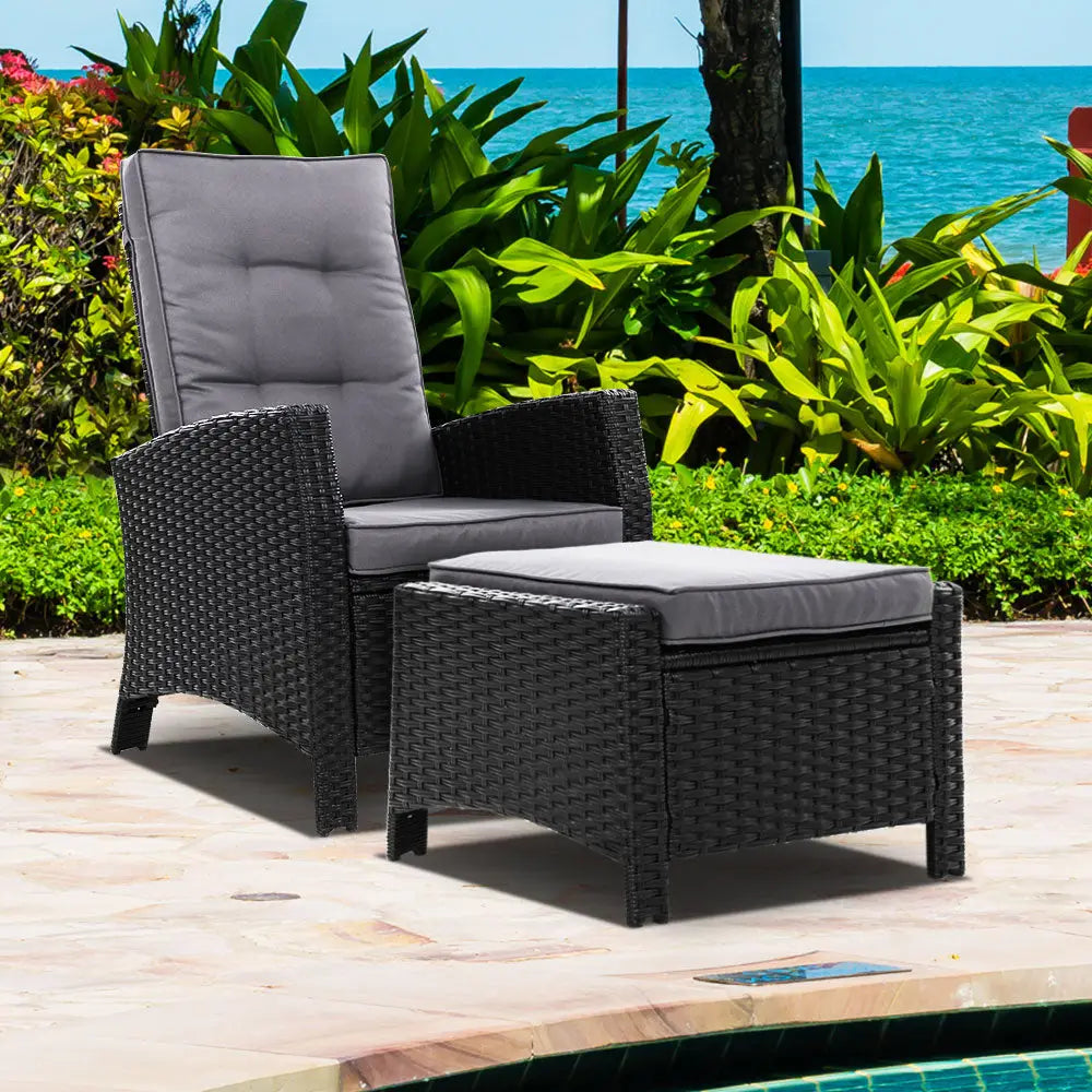 Gardeon Recliner Chair Sun lounge Wicker Lounger Outdoor Patio Furniture Adjustable Black - Furniture > Outdoor