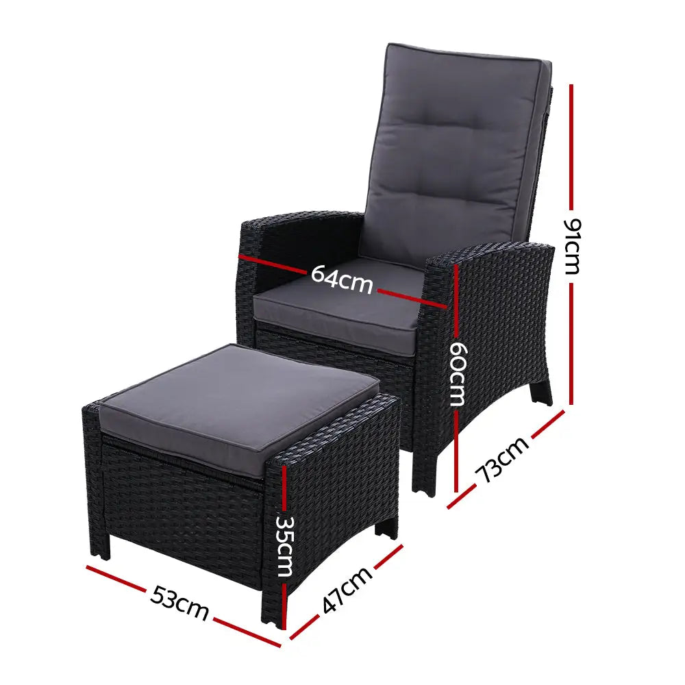 Gardeon Recliner Chair Sun lounge Wicker Lounger Outdoor Patio Furniture Adjustable Black - Furniture > Outdoor