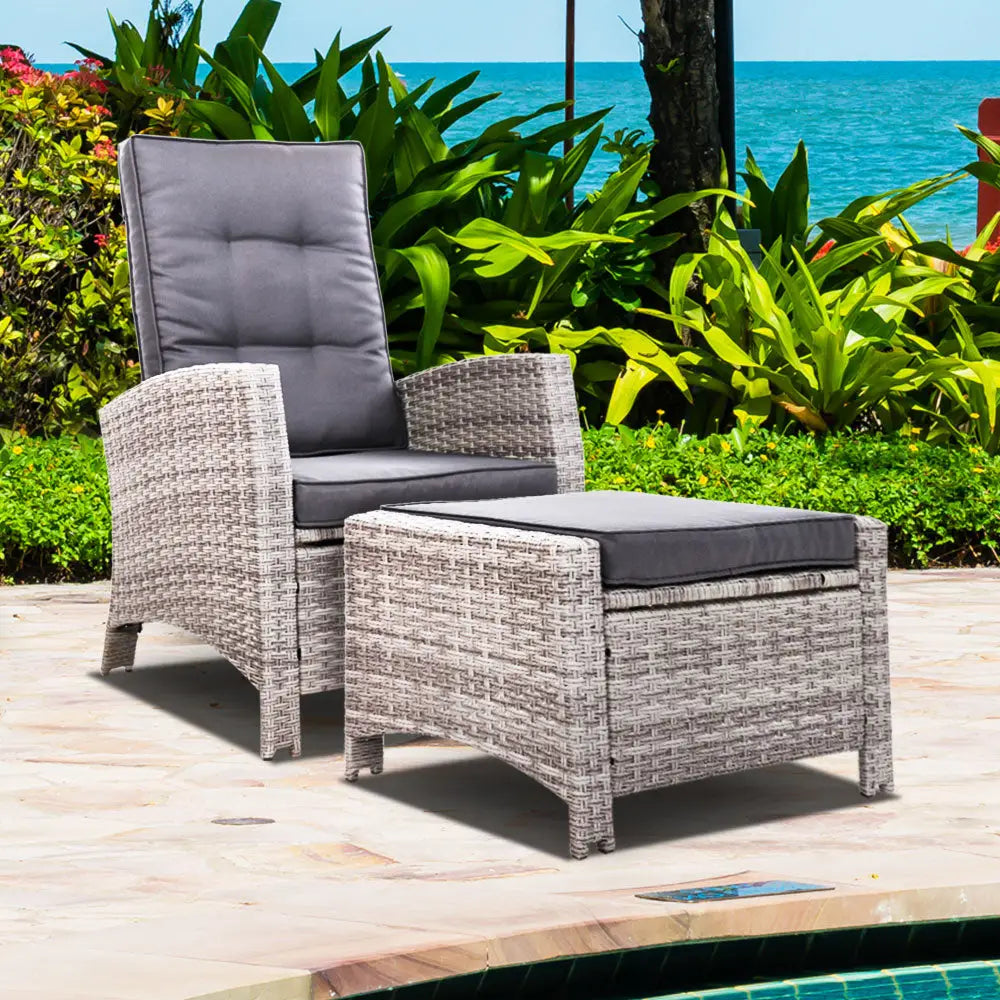 Gardeon Recliner Chair Sun lounge Wicker Lounger Outdoor Patio Furniture Adjustable Grey - Furniture > Outdoor