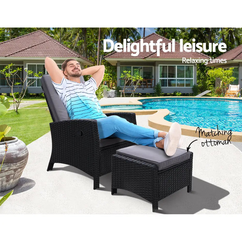 Gardeon Recliner Chair Sun lounge Wicker Lounger Outdoor Patio Furniture Adjustable Black - Furniture > Outdoor