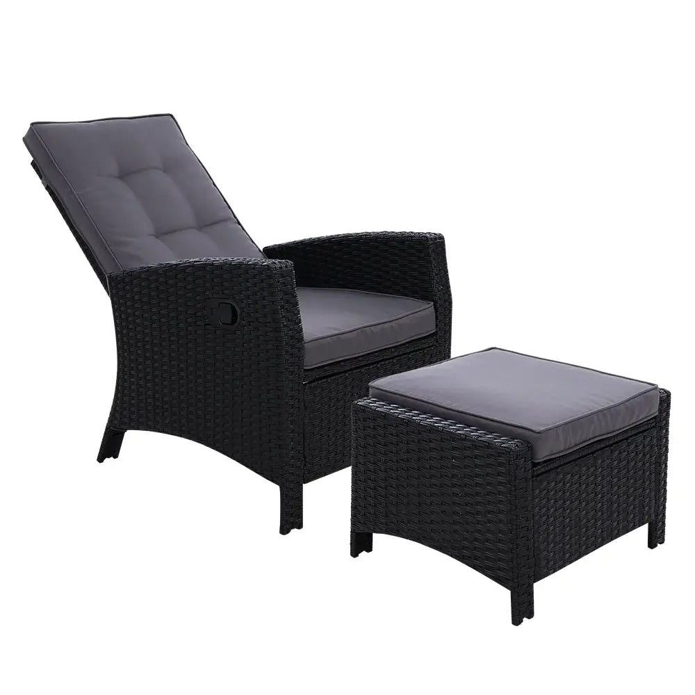 Gardeon Recliner Chair Sun lounge Wicker Lounger Outdoor Patio Furniture Adjustable Black - Furniture > Outdoor