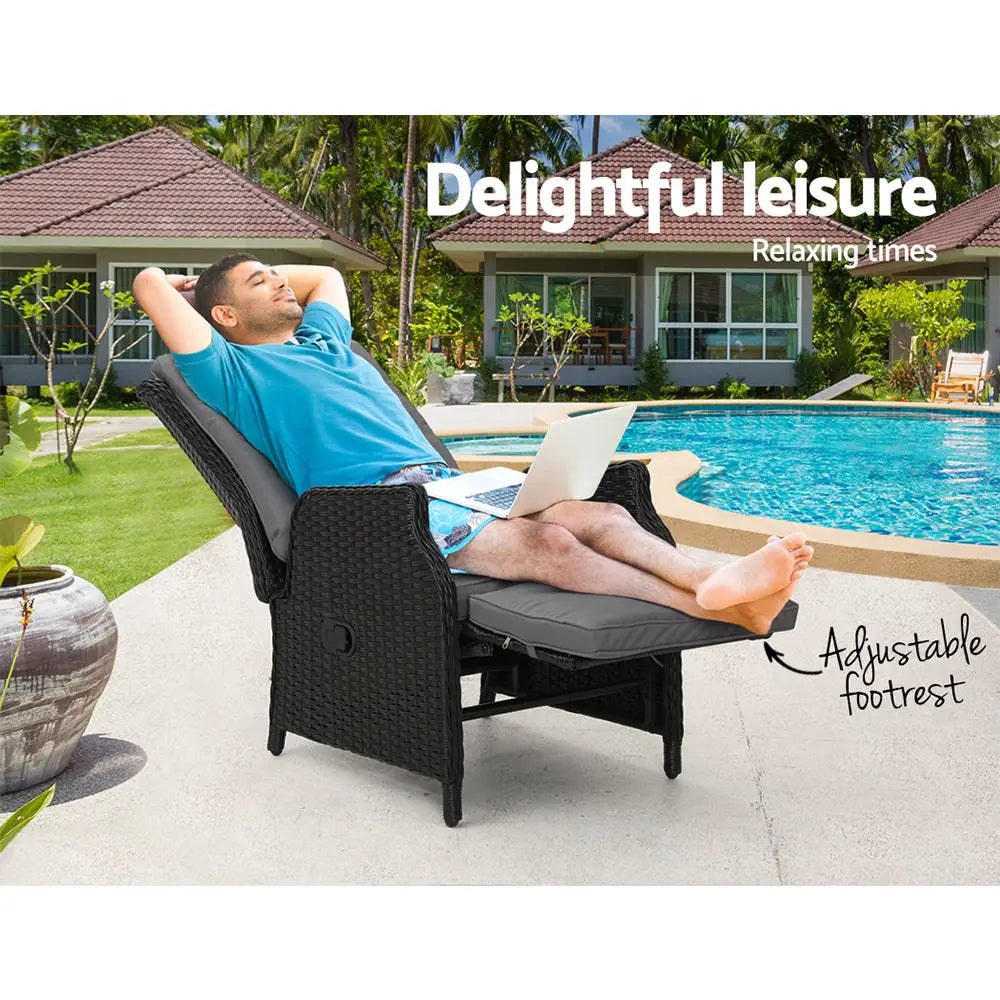 Gardeon Recliner Chairs Sun lounge Wicker Lounger Outdoor Furniture Patio Adjustable Black - Furniture > Outdoor