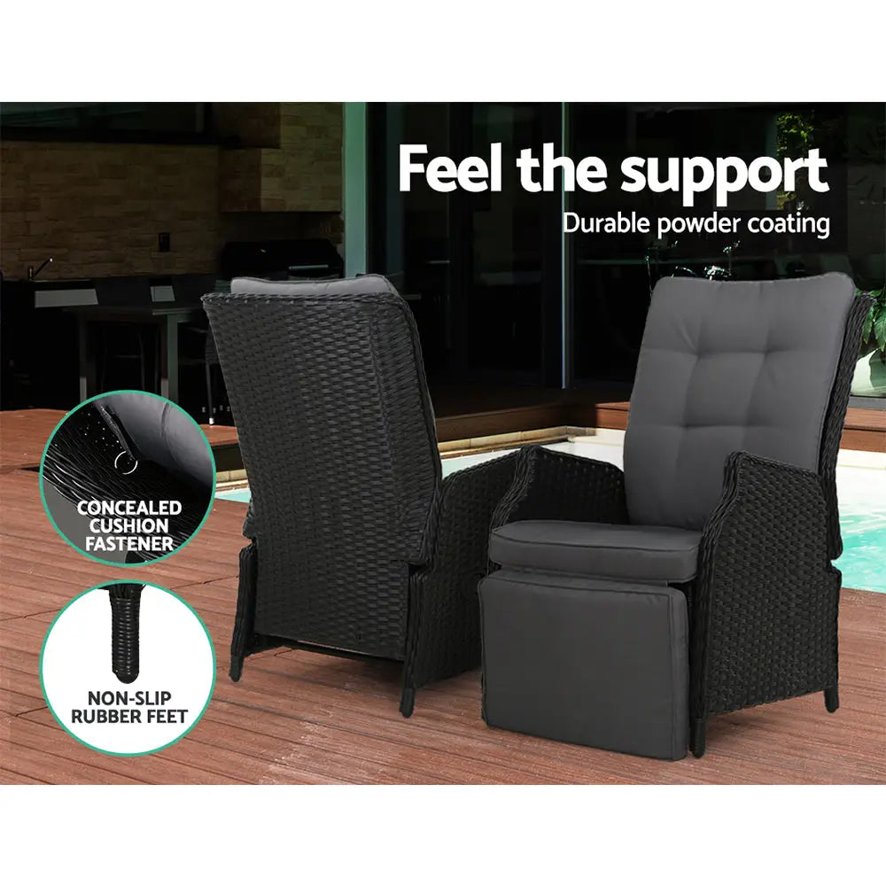 Gardeon Recliner Chairs Sun lounge Wicker Lounger Outdoor Furniture Patio Adjustable Black - Furniture > Outdoor