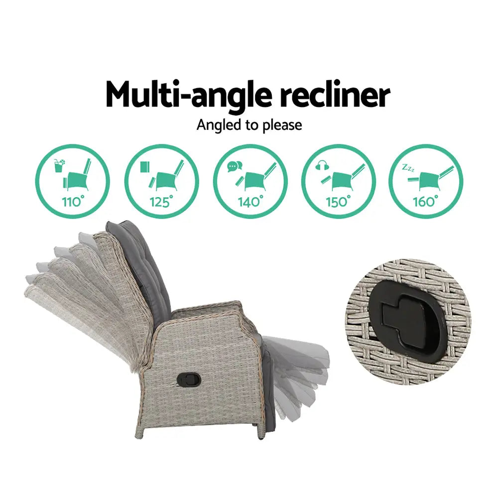 Gardeon Recliner Chairs Sun lounge Wicker Lounger Outdoor Furniture Patio Adjustable Grey - Furniture > Outdoor