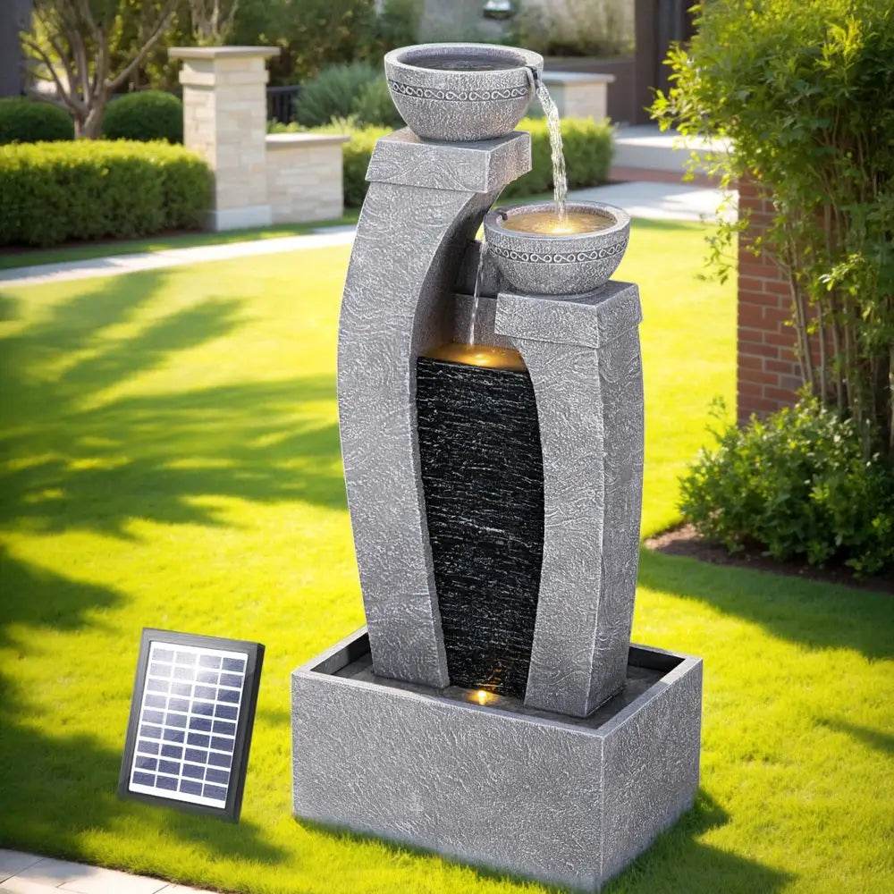 Gardeon Solar Fountain Water Feature Outdoor Fountain Indoor 3-Tier Cascading Grey - Home & Garden > Fountains >