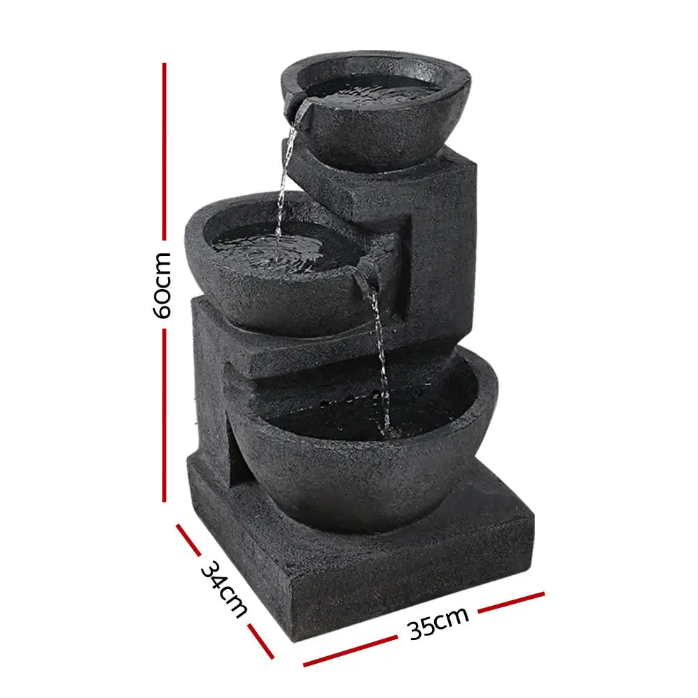 Gardeon Solar Water Feature with LED Lights 3-Tier Bowls 60cm - Home & Garden > Fountains