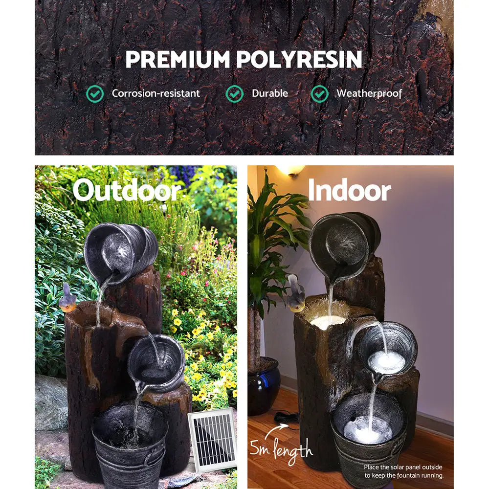 Gardeon Solar Water Feature with LED Lights 3-Tier Buckets 76cm - Home & Garden > Fountains