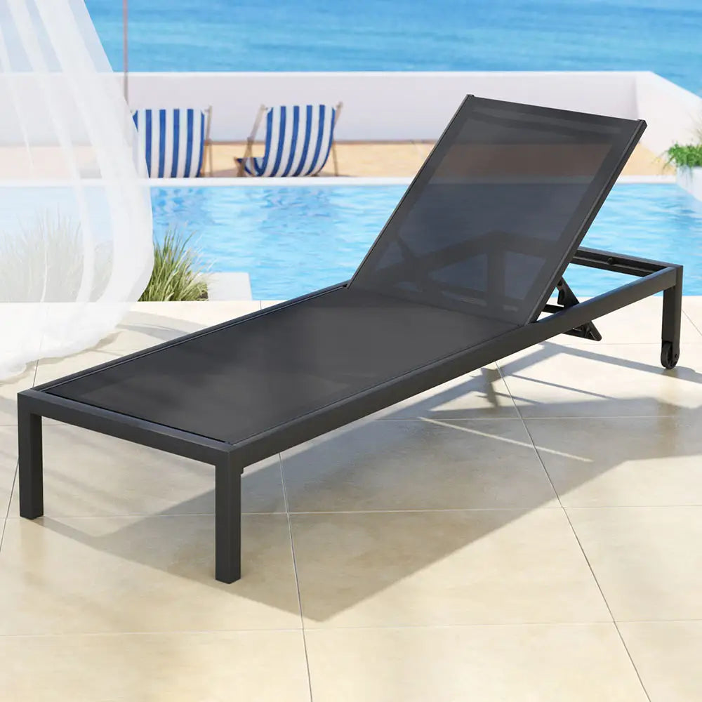 Gardeon Sun Lounge Outdoor Lounger Aluminium Folding Beach Chair Wheels Black - Furniture > Outdoor > Outdoor Sofas &