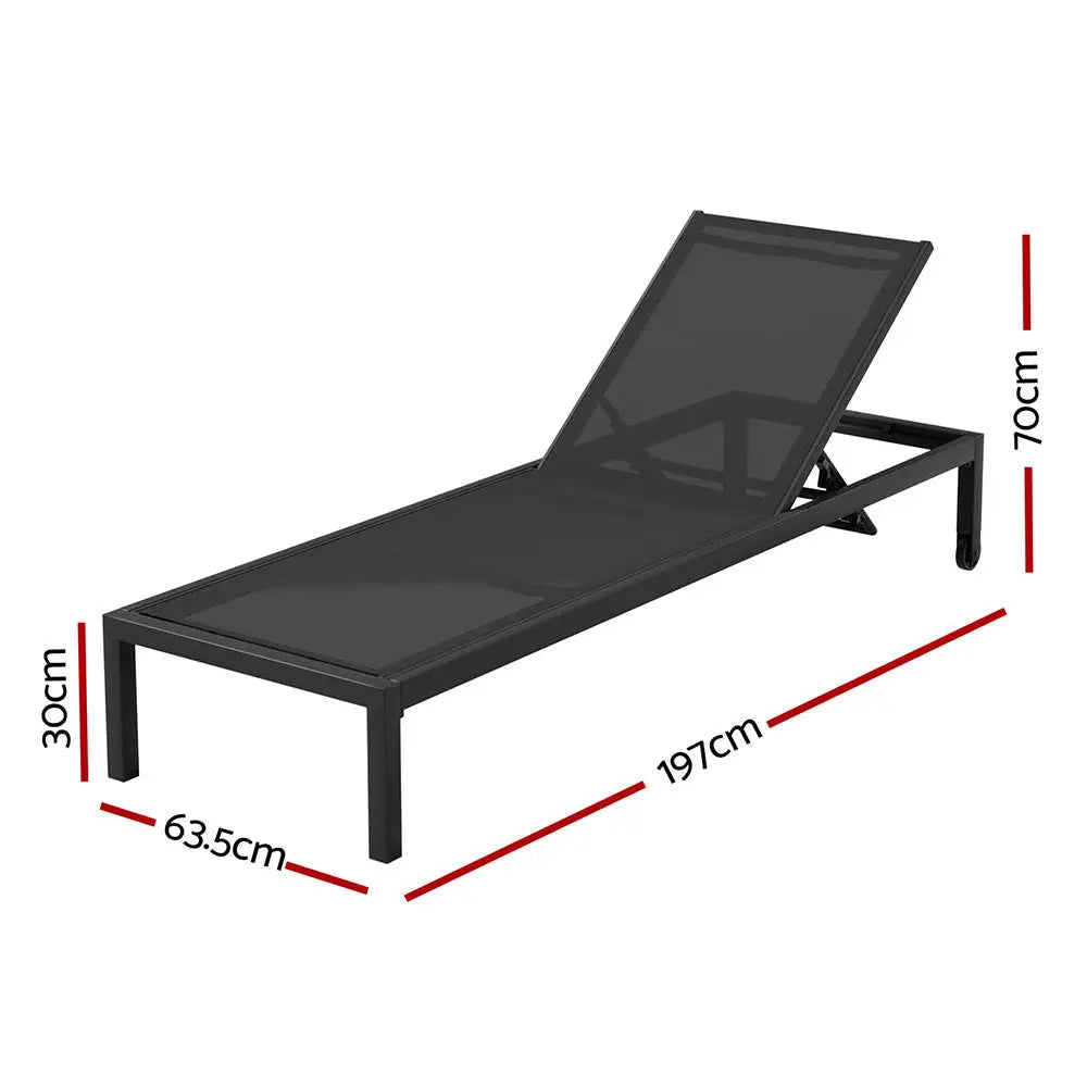 Gardeon Sun Lounge Outdoor Lounger Aluminium Folding Beach Chair Wheels Black - Furniture > Outdoor > Outdoor Sofas &